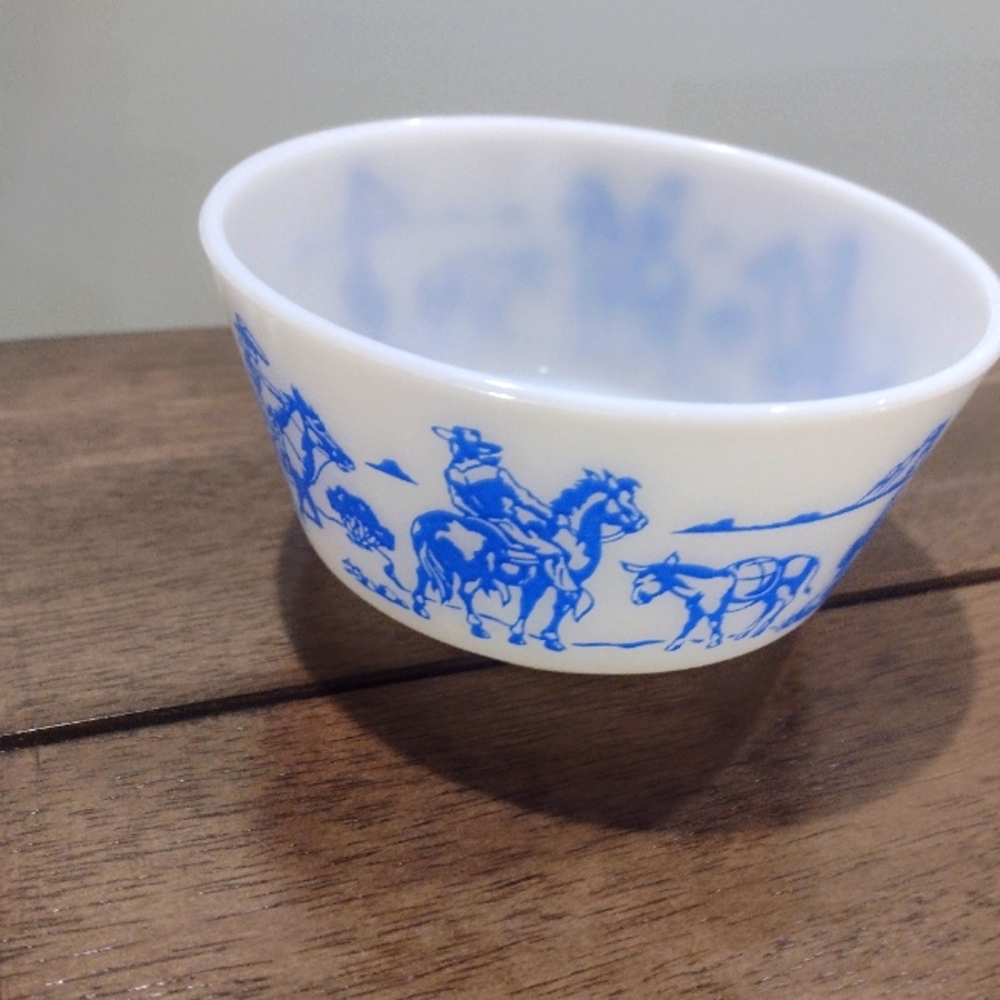 Vintage Hazel Atlas Blue and White Bowl with Cowboy Design 1950s Cereal Bowl